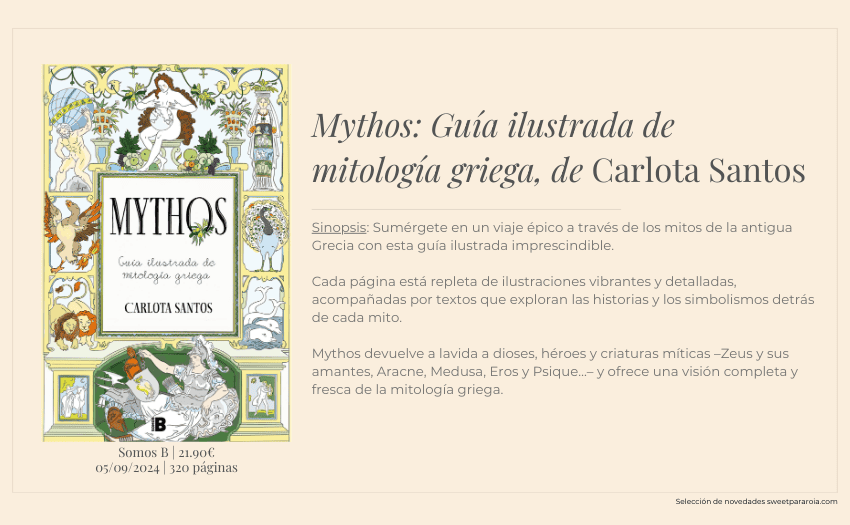 Libro Mythos: Guía ilustrada de mitología griega, de Carlota Santos (2024)