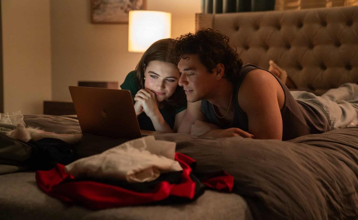 This image released by Prime shows Ella Bright, left, and Belmont Cameli in a scene from "Off-Campus." (Liane Hentscher/Prime via AP)
